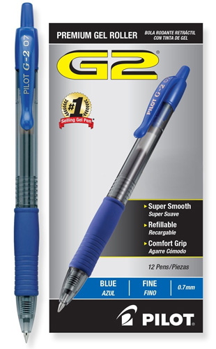 6. Pilot G2 Retractable Premium Gel Ink Roller Ball Pens, Fine Point, Blue Ink,