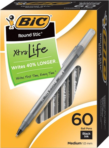 1. BIC Round Stic Xtra Life Ball Pen, Medium Point (1.0 mm), Black