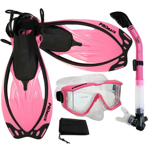 4. PROMATE Snorkeling Scuba Dive Panoramic PURGE Mask Dry Snorkel Fins Gear Set