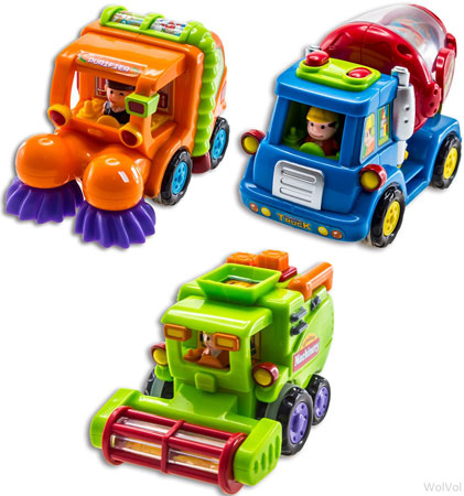 8.WolVol (Set of 3) Push and Go Friction Powered Car Toys, Street Sweeper Truck, Cement Mixer Truck, Harvest Toy Truck-Great Gift Toys For Boys