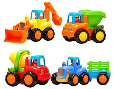 9. Set of 4 Carton Friction Powered Play Vehicles For Toddlers-Dump Truck Cement Mixer, Bulldozer, Tractor